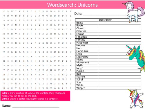 Unicorns Wordsearch Sheet Starter Activity Keywords Cover Animals Nature Mythical Creatures
