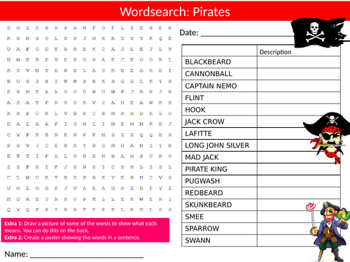 Pirates Wordsearch Sheet Starter Activity Keywords Cover The Sea Ocean Legends