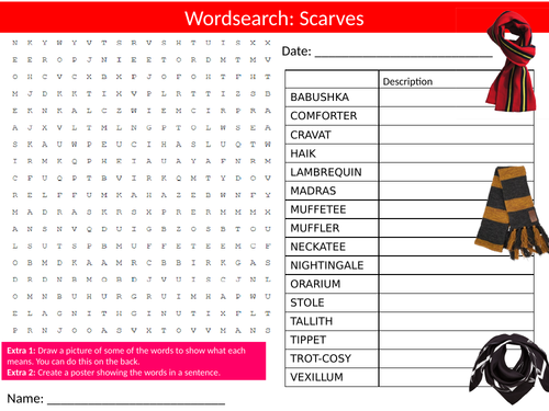 Scarves Wordsearch Sheet Starter Activity Keywords Cover Design Technology Fabrics