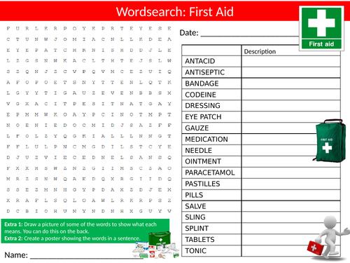 First Aid Wordsearch Sheet Starter Activity Keywords Cover Hospitals and Medicine