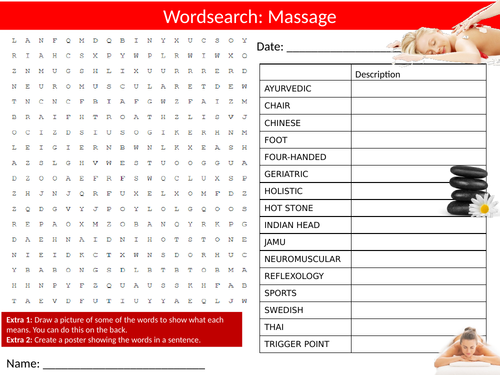 Massage Wordsearch Sheet Starter Activity Keywords Cover Hospitals and Medicine PE Sports