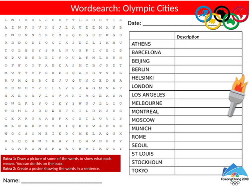 Olympic Cities Wordsearch Sheet Starter Activity Keywords Cover PE Sports The Olympics