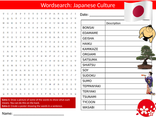 Japanese Culture Wordsearch Sheet Starter Activity Keywords Cover Geography Japan Country