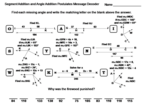 Segment Addition And Angle Addition Postulates Activity Math Message Decoder Teaching Resources