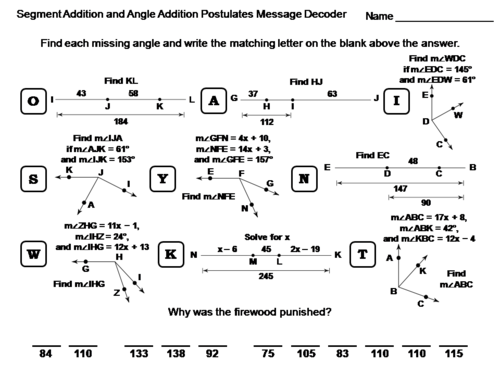 Segment Addition and Angle Addition Postulates Activity: Math Message Decoder