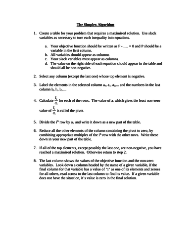 Simplex Algorithm instructions sheet