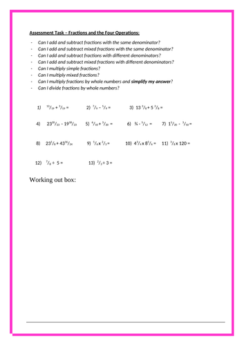 Assessment Task on Fractions for Year 6 (Nat Curr and SAT prep)