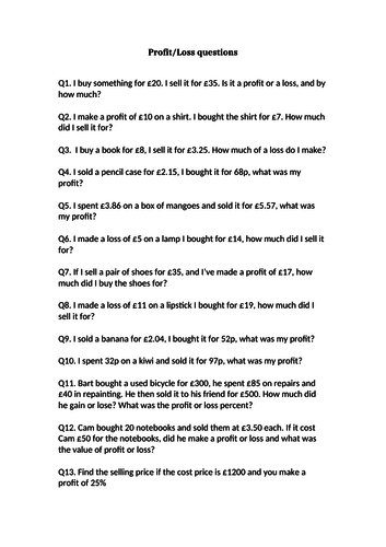 Profit and Loss word questions