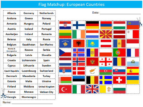 European Country Flags Matchup Sheet Starter Activity Keywords Cover Europe Geography