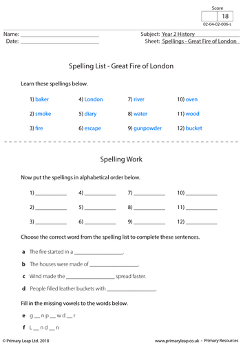 Spelling list - Great Fire of London