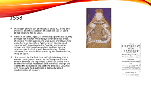 Powerpoint presentation on the reign of Elizabeth 1st.