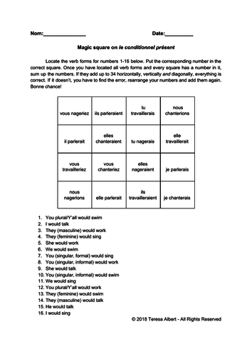 French conditional tense conjugation magic square fun no prep practice worksheet