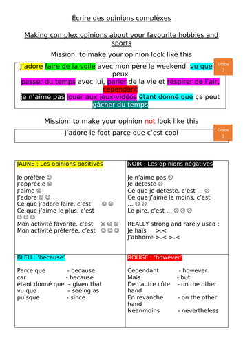 French  opinions worksheet for hobbies and sports - Getting a grade 7 or higher