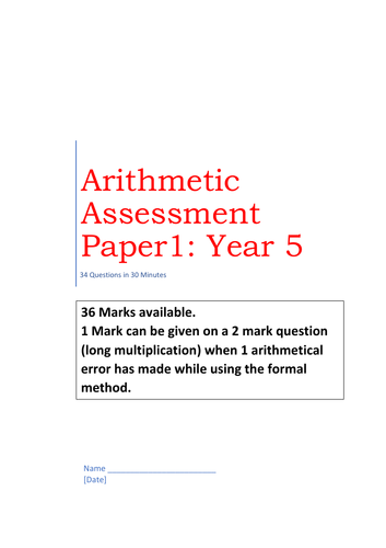 Year 5 Arithmetic revision paper.