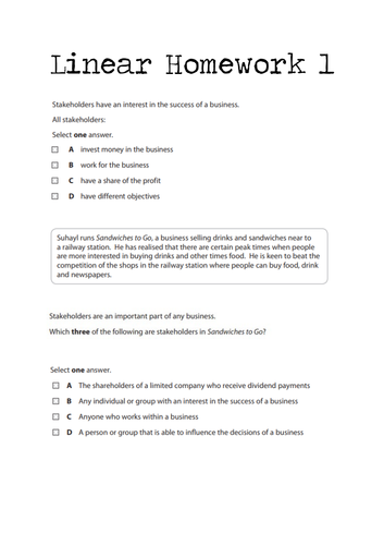 Linear Homeworks for AQA GCSE Business Studies