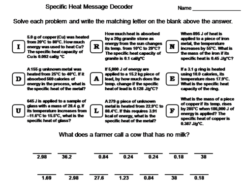 Specific Heat Worksheet: Chemistry Message Decoder | Teaching Resources
