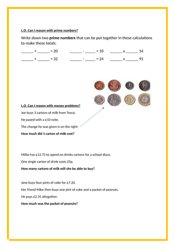 Prime Number and Money Problem Reasoning Worksheet