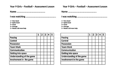 Football Assessment Sheet