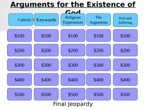 GCSE Edexcel RS (Spec A) - Paper 3 - Arguments for God (Catholic) Jeopardy Revision Game!