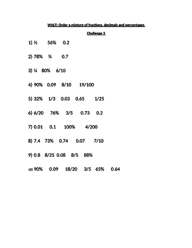 Ordering a mix of fractions, decimals and percentages  Year 5/6