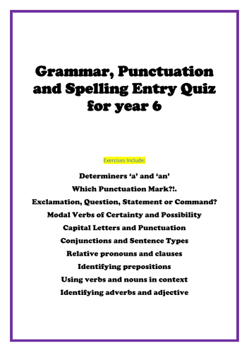 Baseline Year 6 GPS Grammar, Punctuation, Spelling Entry Quiz for Year 6 (SPaG)