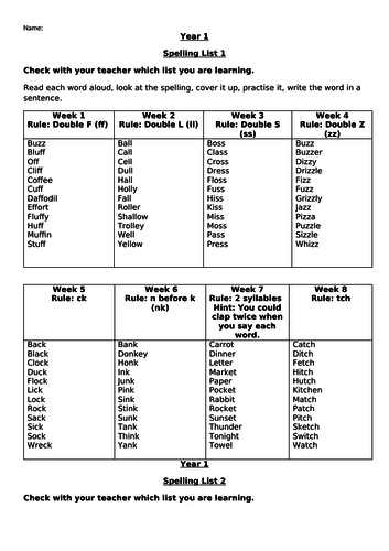 Year 1 Spelling Lists - covers full Y1 spelling curriculum.