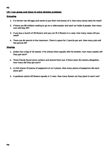 Mixed Division Word Problems Pack Year 3 Year 4 Year 5