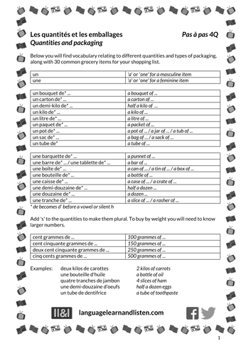 Les quantités et les emballages (Quantities and packaging)