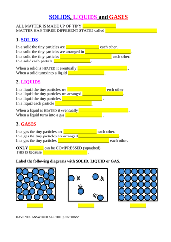 SOLIDS, LIQUIDS and GASES SUMMARY | Teaching Resources