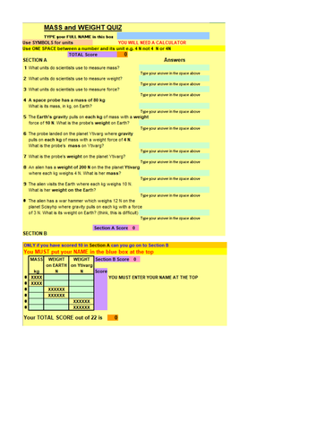 MASS and WEIGHT QUIZ - Self Marking