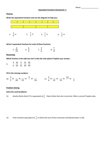 Differentiated Equivalent Fractions Homework