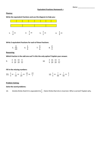 Differentiated Equivalent Fractions Homework