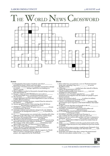 The World News Crossword - August 5th, 2018