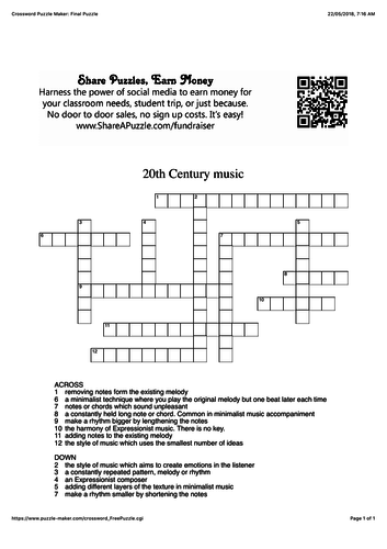 20th century music crossword Teaching Resources