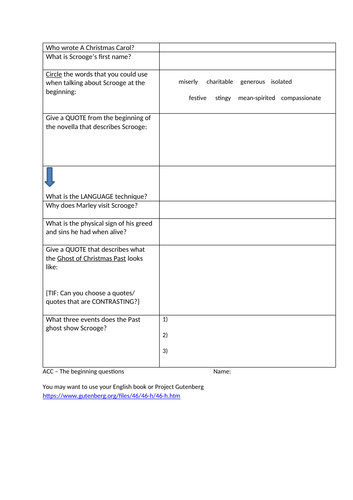 A Christmas Carol homework sheet for Stave One / Chapter 1. | Teaching Resources