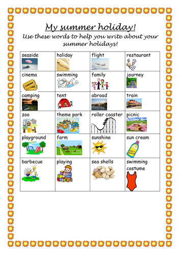 summer holiday vocabulary support sheets teaching resources
