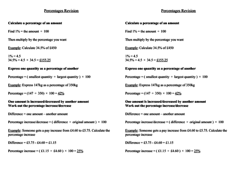 Percentages revision sheet