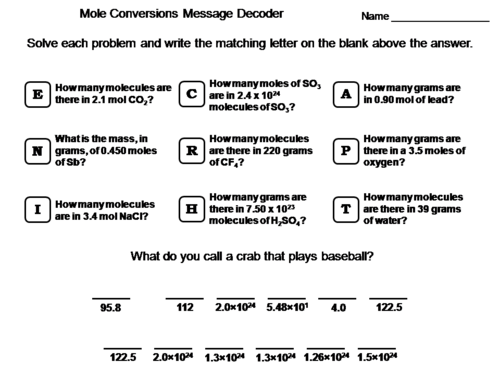 Mole Conversions (moles, mass, molecules) Worksheet: Chemistry Message