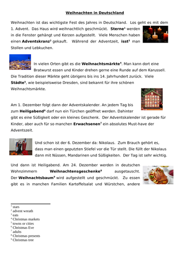 Differentiated worksheets on celebrations in Germany.  Weihnachten, Ostern and Silvester.