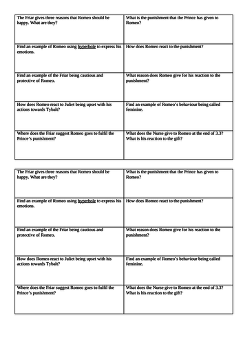Romeo And Juliet Reading Comprehension Worksheets