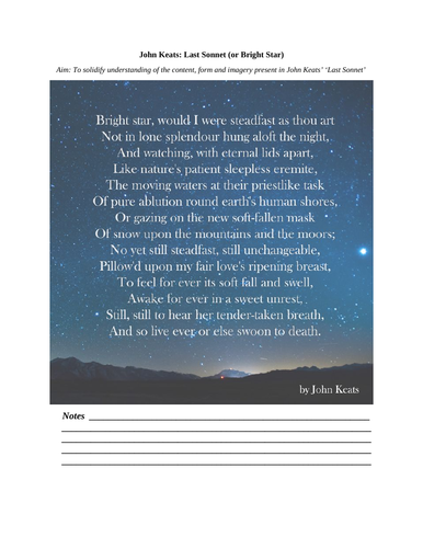 'Bright Star' sonnet (John Keats) - comprehension activities
