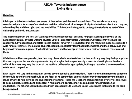 ASDAN - Towards Independence - Living Here