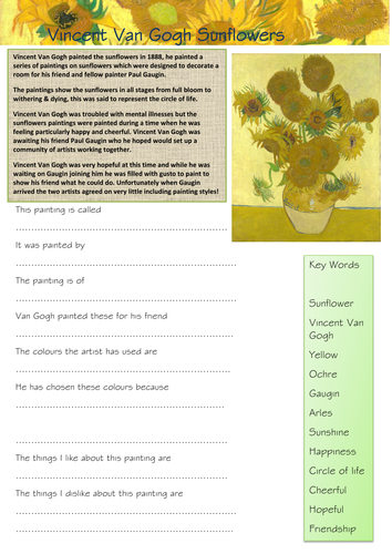 Vincent Van Gogh Sunflowers Question Sheet & Colouring Frame | Teaching ...