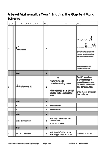 A Level Mathematics Year 1 Bridging the Gap Test