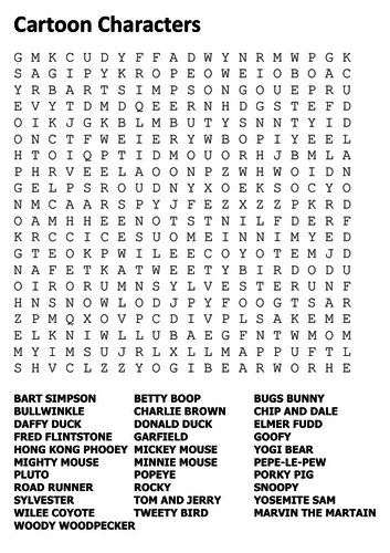 Cartoon Characters Word Search