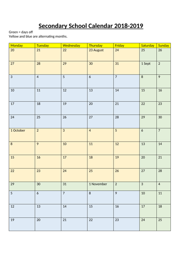 Irish Secondary School Calendar '18-'19