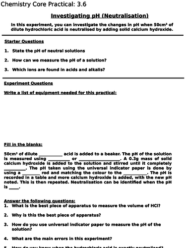 Core Practical Pupil Worksheets for Investigating pH and Making CuSO4 salts