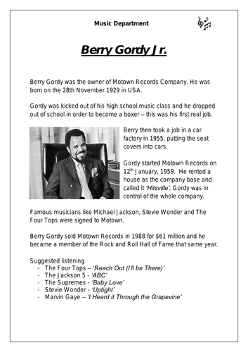 KS3 Music Cover Resource - Berry Gordy (differentiated version)
