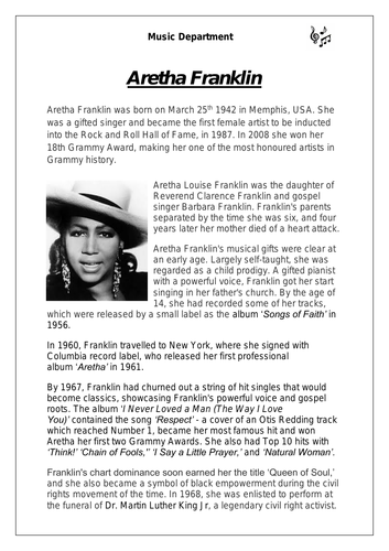 KS3 Music Cover Resource - Aretha Franklin