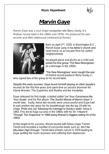 KS3 Music Cover Resource - Marvin Gaye